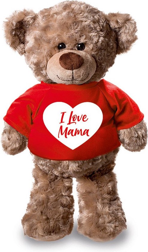 Pluche Teddybeer/ knuffelbeer met I Love Mama hartje t-shirt - 24 cm - cadeaubeer - Moederdag / verjaardag