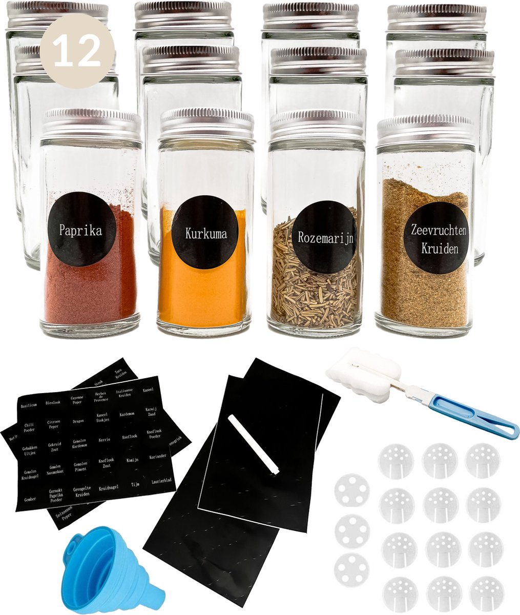 Comforder 12 Glazen Kruidenpotjes met Strooideksel - Kruidenstrooier Rond - Complete Set met Bedrukte Stickers, Trechter en Meer