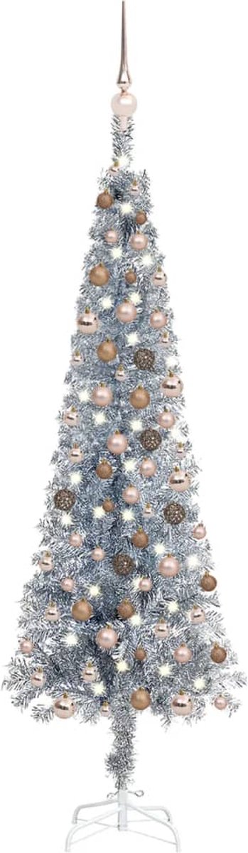 VidaLife Kerstboom met LED's en kerstballen smal 150 cm zilverkleurig