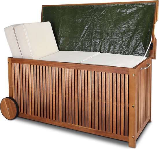 Houten opbergbox met lamellen, open met groene binnenvoering, met witte kussens en een wiel.