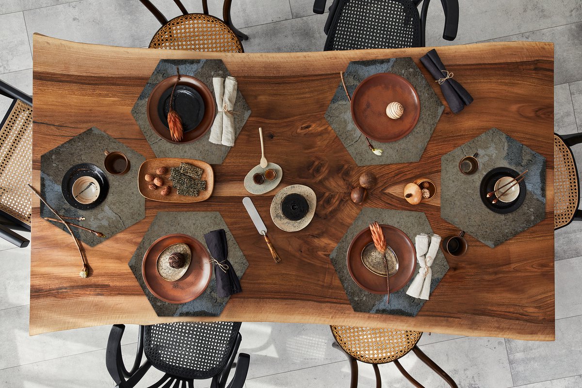 Placemats hexagon - Onderleggers placemats - Placemat zeshoek - Muur - Bruin - Grijs - 6 stuks