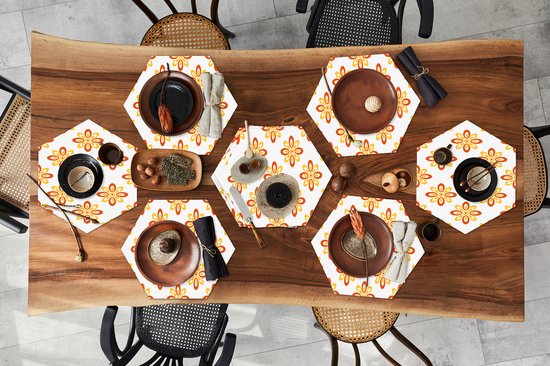 Napperons de table hexagon - Sets de table - Set de table hexagone - Motif - Années 70 - Fleurs - Oranje - 10 pièces