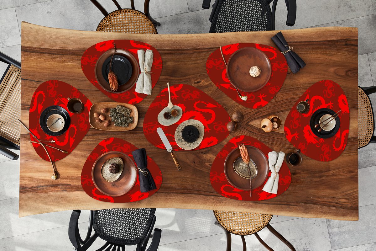 Placemat organisch - Placemats organic - Onderleggers - Draak - Rood - Patronen - 10 stuks