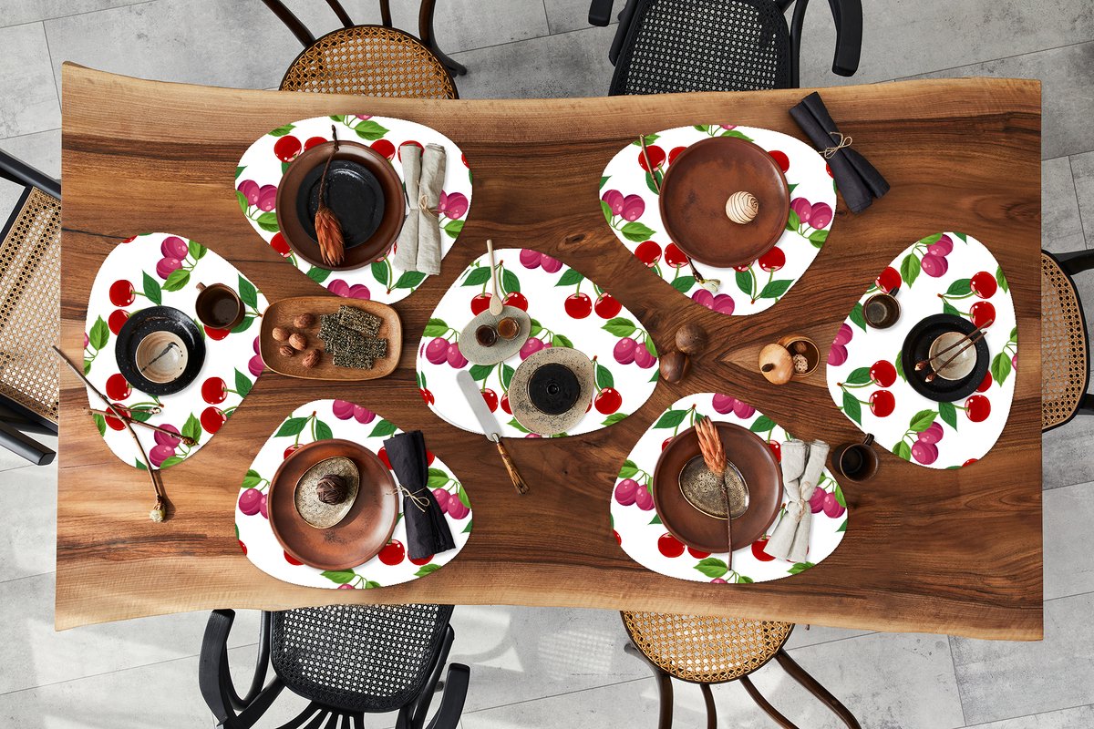 Placemat organisch - Placemats organic - Onderleggers - Kersen - Patronen - Fruit - 8 stuks