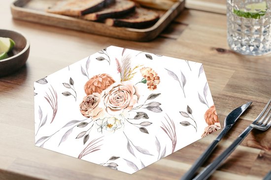 Napperons hexagon - Sets de table - Set de table hexagone - Motifs - Fleurs - Rose - Wit - 8 pièces