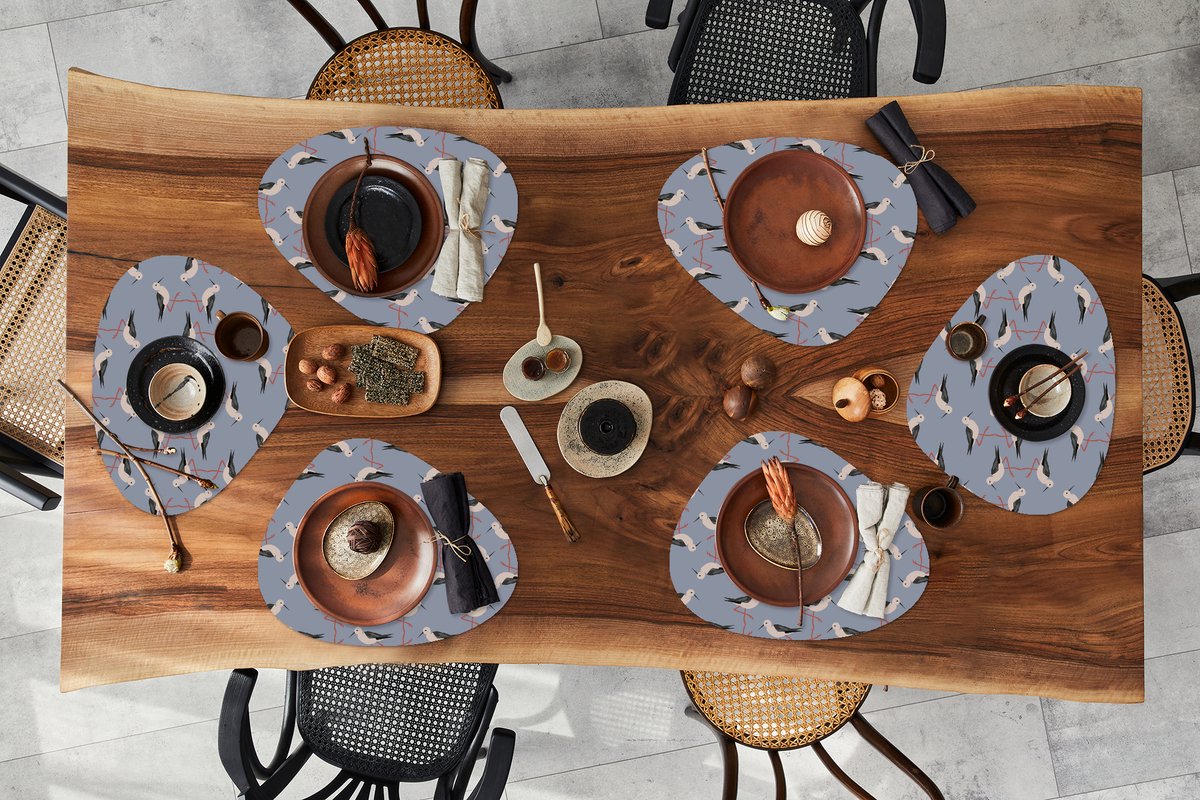 Placemat organisch - Placemats organic - Onderleggers - Vogel - Ooievaar - Patroon - 6 stuks