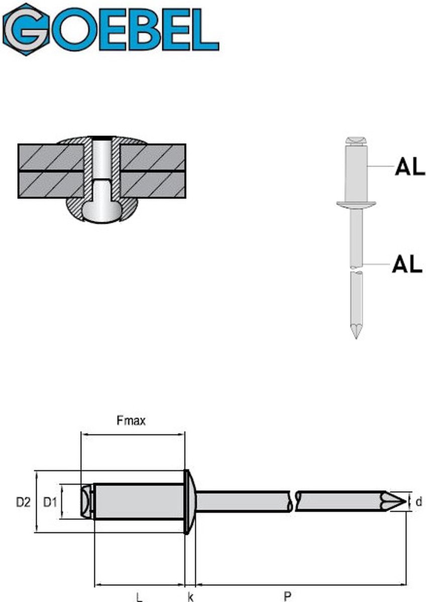 GOEBEL® - 250 x Rivets aveugles 4,8 x 30 mm - Aluminium AlMG 5, 0