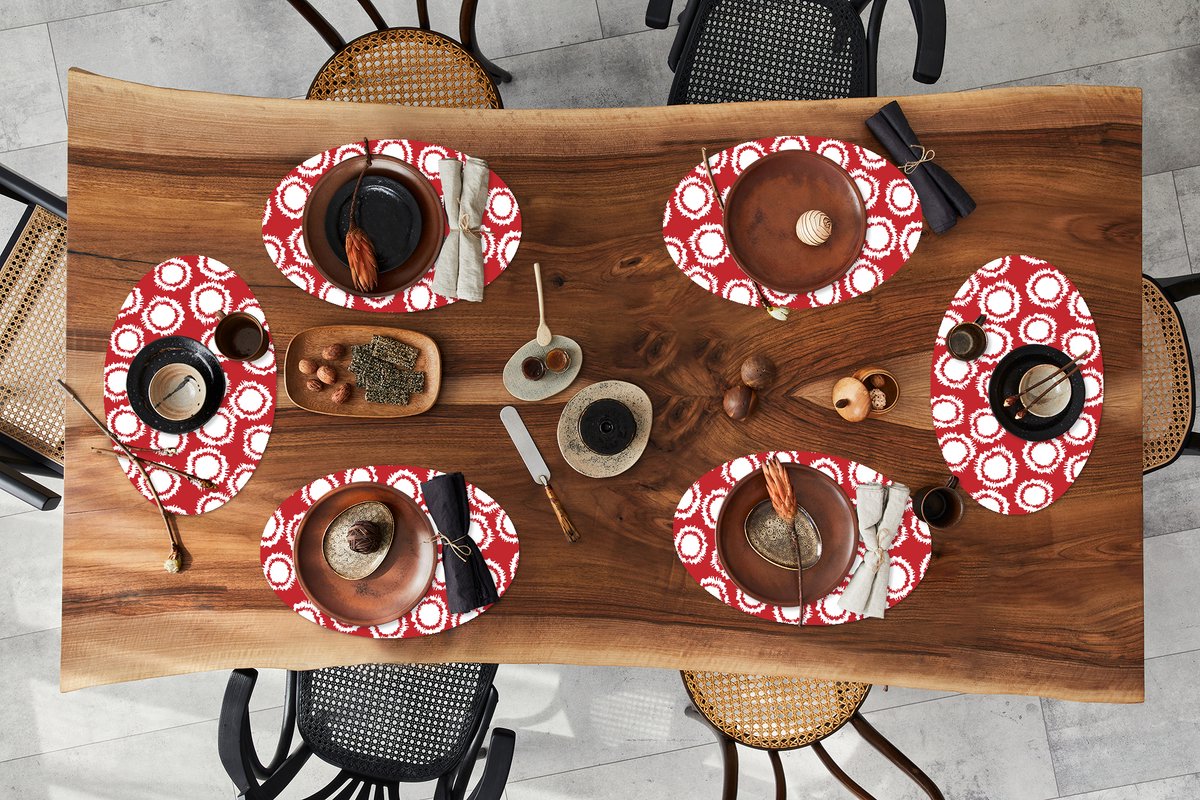 Placemats ovaal - Onderleggers - Ovale placemats - Stippen - Rood - Patroon - 6 stuks