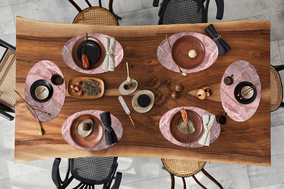 Placemats ovaal - Onderleggers - Ovale placemats - Graniet print - Steen - Roze - Wit - 6 stuks