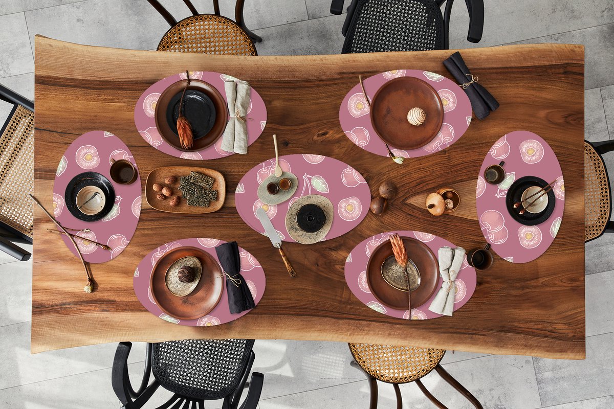 Placemats ovaal - Onderleggers - Ovale placemats - Design - Kers - Patroon - 8 stuks