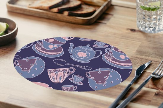 Napperons de table ovales - Dessous de verre - Sets de table ovales - Motif - Thee - Tasse - Théière - 6 pièces