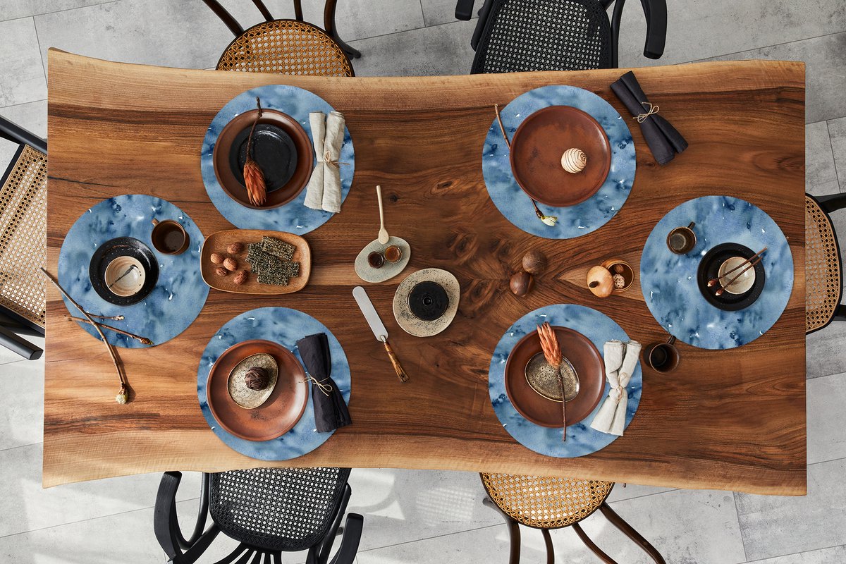 Ronde placemats - Onderlegger - Placemats rond - Waterverf - Patroon - Blauw - 6 stuks