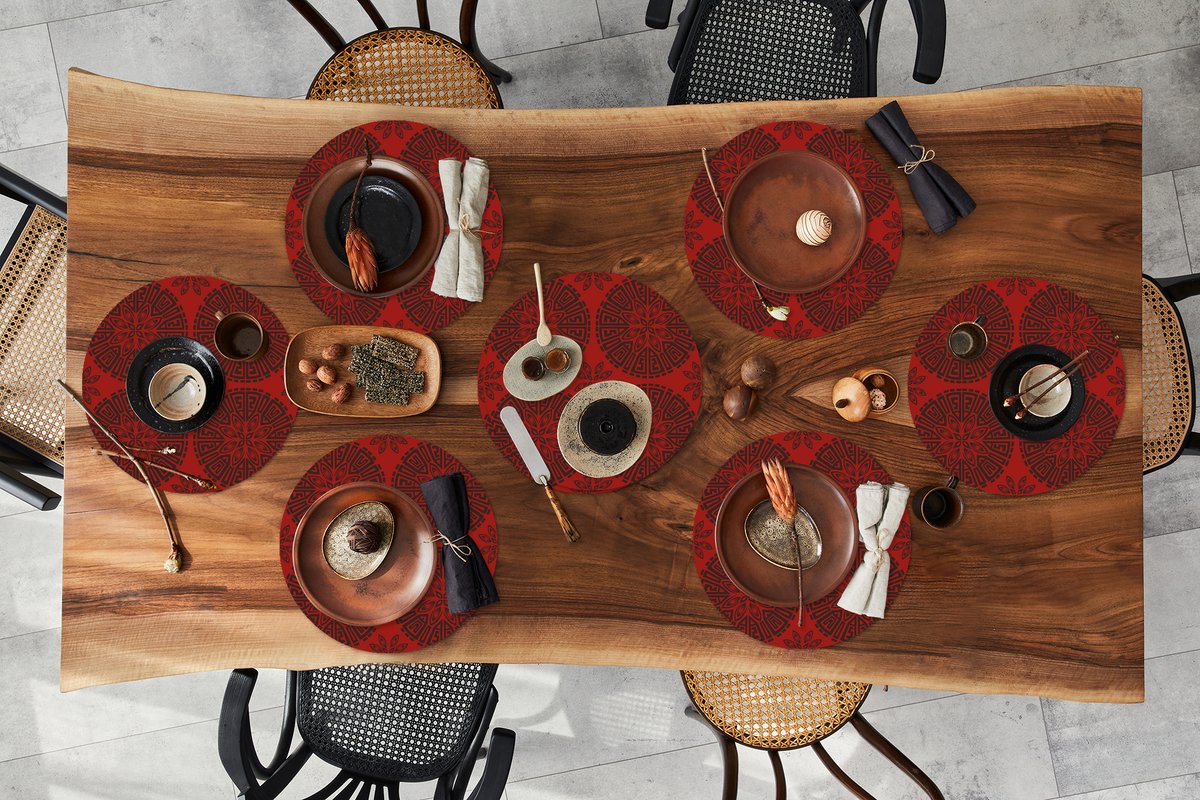 Ronde placemats - Onderlegger - Placemats rond - Chinees - Patronen - Rood - 8 stuks