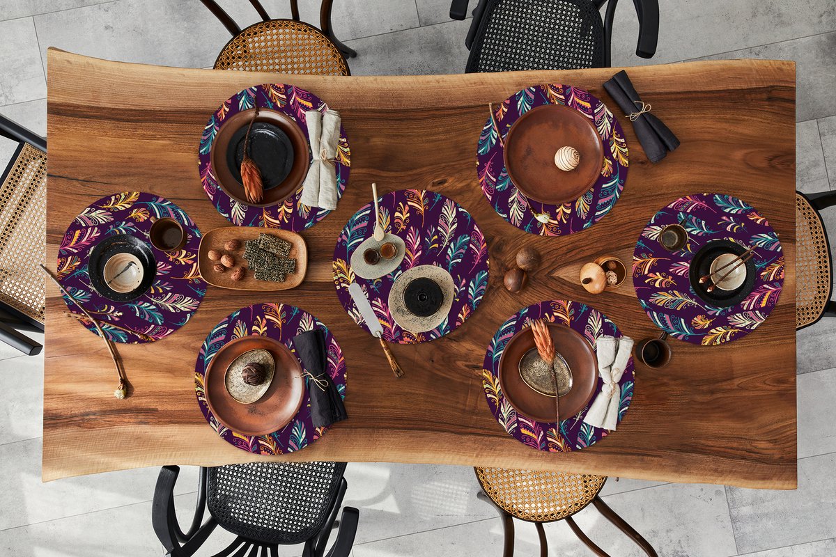 Ronde placemats - Onderlegger - Placemats rond - Puber - Veren - Boho - Patronen - 8 stuks