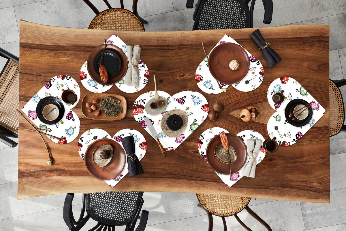 Onderleggers - Placemats - Placemats hartje - Thee - Patronen - Kopjes - 10 stuks