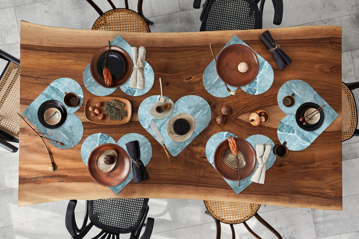 Onderleggers - Placemats - Placemats hartje - Kristallen - Blauw - Graniet print - Wit - 8 stuks