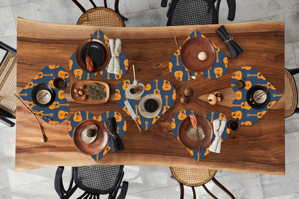 Onderleggers - Placemats - Placemats hartje - Gitaar - Patronen - Muziek - 8 stuks