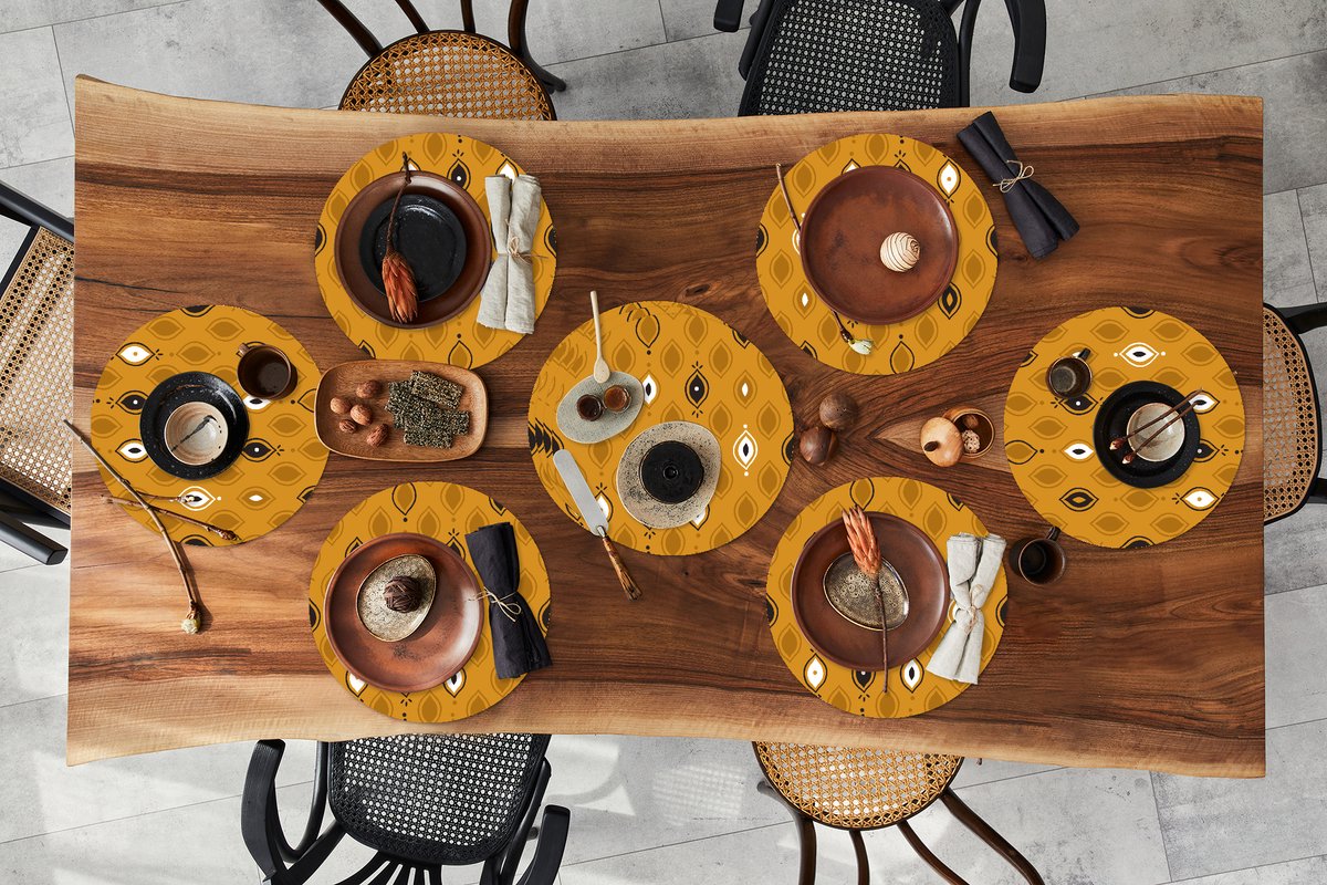 Ronde placemats - Onderlegger - Placemats rond - Okergeel - Bohemian - Design - 10 stuks