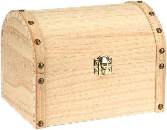 Mineup Houten Piraten Schatkist Met Slot - Incl. Munten, Edelstenen En Accessoires (14x11x10 Cm)