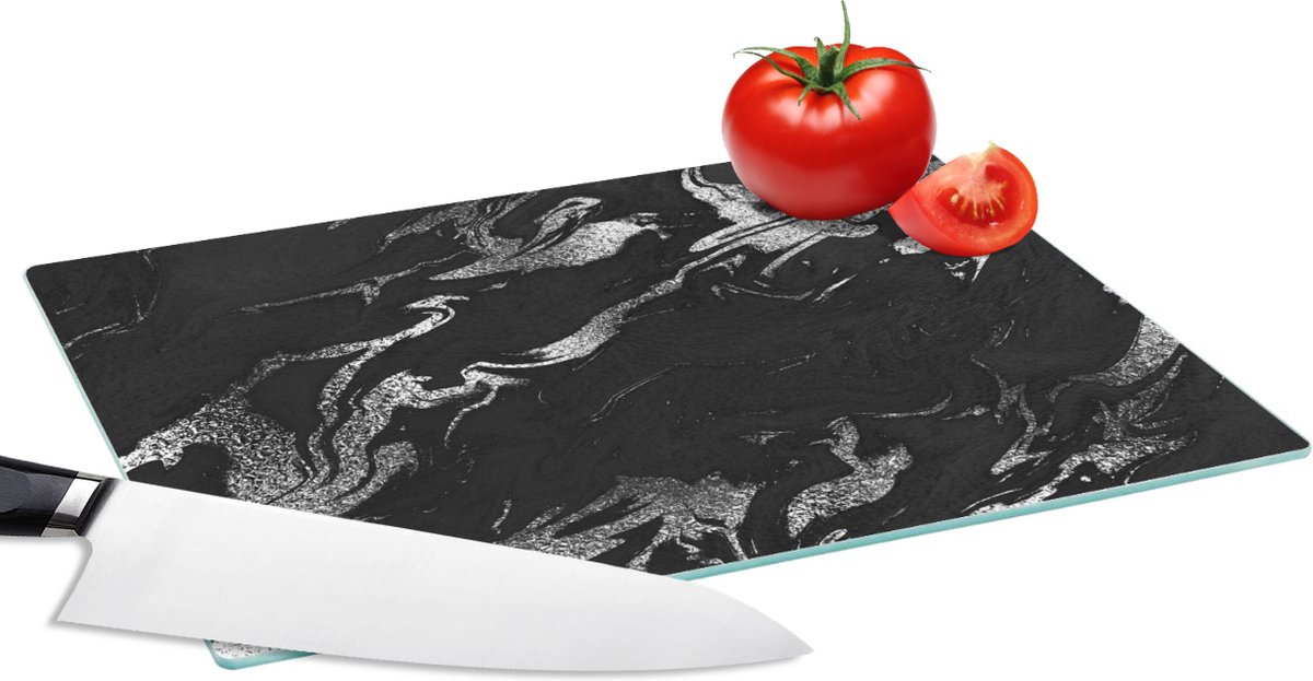 Glazen Snijplank - 28x20 - Marmer - Zwart - Zilver - Luxe - Snijplanken Glas