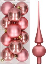 Set van 12x stuks kunststof kerstballen 6 cm inclusief glazen piek lichtroze - Kerstversiering