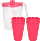 8x kunststof drinkbekers 430 ML met schenkkan set transparant/roze van 2.5 liter - Verjaardag/camping/tuin