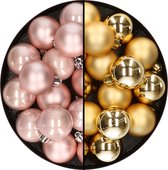 32x stuks kunststof kerstballen mix van lichtroze en goud 4 cm - Kerstversiering