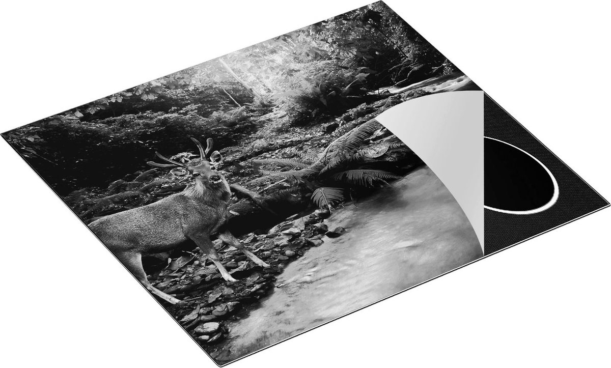 Chefcare Inductie Beschermer Hert bij een Rivier in een Jungle - Zwart Wit - 58,3x51,3 cm - Afdekplaat Inductie - Kookplaat Beschermer - Inductie Mat