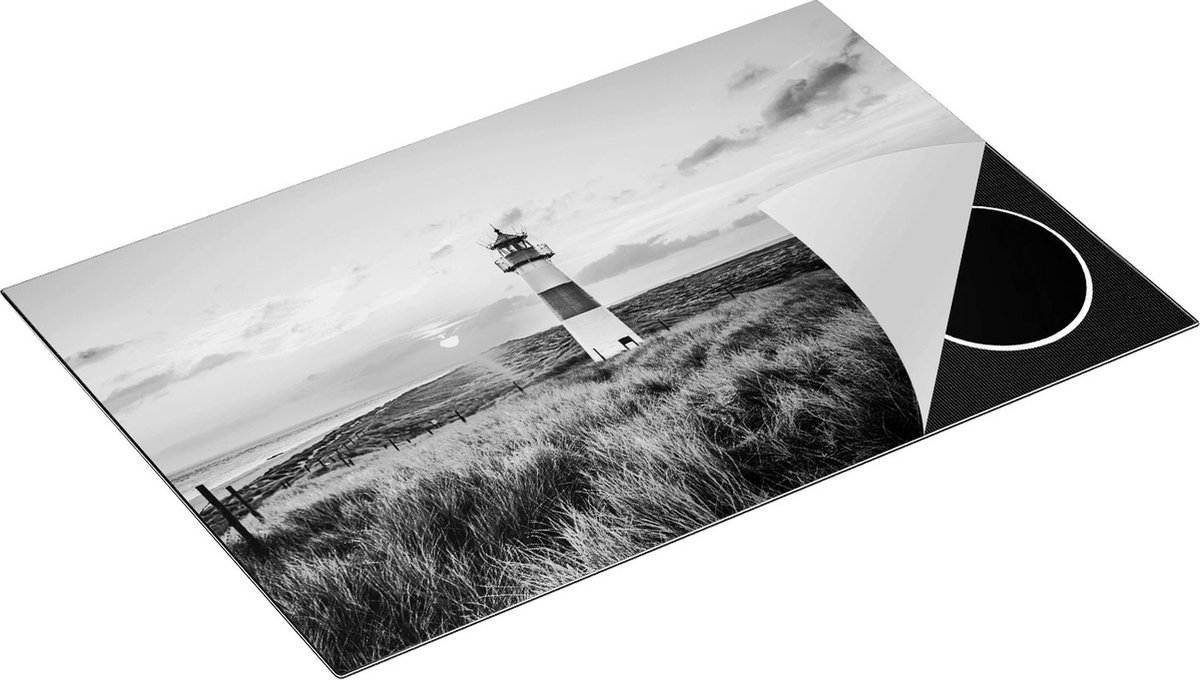 Chefcare Inductie Beschermer Vuurtoren met Zonsopgang op een Eiland - Zwart Wit - 83x51,5 cm - Afdekplaat Inductie - Kookplaat Beschermer - Inductie Mat