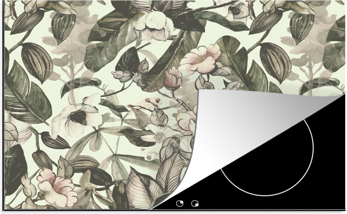KitchenYeah® Inductie beschermer 81x52 cm - Bloemen - Bladeren - Vintage - Patronen - Kookplaataccessoires - Afdekplaat voor kookplaat - Inductiebeschermer - Inductiemat - Inductieplaat mat