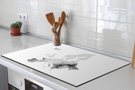 KitchenYeah® Inductie beschermer 81x52 cm - Europakaart in lichtgrijze waterverf - zwart wit - Kookplaataccessoires - Afdekplaat voor kookplaat - Inductiebeschermer - Inductiemat - Inductieplaat mat