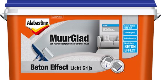Alabastine MuurGlad Beton Effect Licht Grijs, 5 liter emmer met blauw deksel. Voor een ruwe ondergrond naar strakke muur.