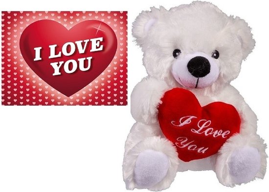 Wit pluchen knuffelbeertje met hart 22 cm en romantische valentijnskaart