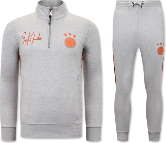 Heren Joggingspak - Half Zipper, Double Ribbon - Grijs / Oranje