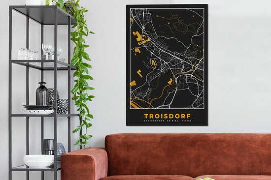Peinture sur Toile Plan de Ville – Carte – Allemagne – Or – Troisdorf – Carte - 80x120 cm - Décoration murale