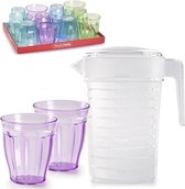 Water/limonade schenkkan 2 liter met 12x kunststof gekleurde glazen van 250 ML voordeelset
