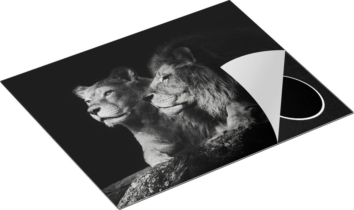 Chefcare Inductie Beschermer Leeuw en Leeuwin - Zwart Wit - 65x50 cm - Afdekplaat Inductie - Kookplaat Beschermer - Inductie Mat