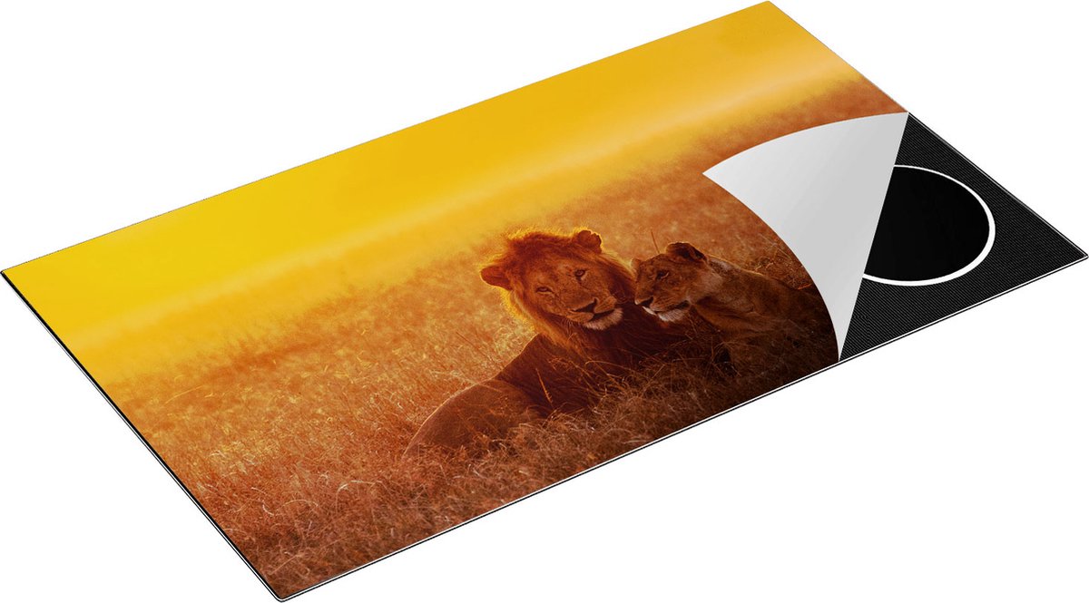 Chefcare Inductie Beschermer Leeuw en Leeuwin tijdens Zonsondergang - 91,6x52,7 cm - Afdekplaat Inductie - Kookplaat Beschermer - Inductie Mat