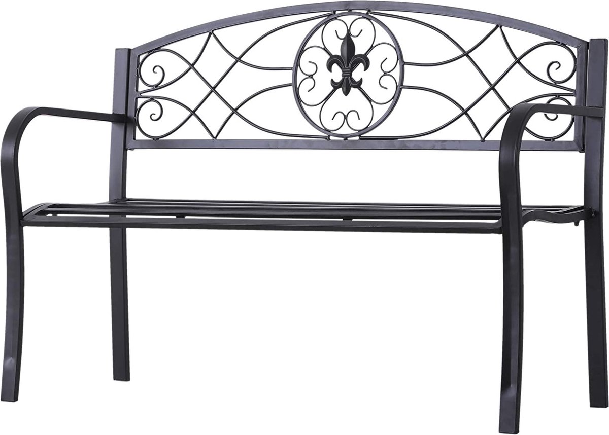 CGPN 2 Seater Sofa Garden Bench Metal Bench with Armrests Country Style Metal Black 128 x 50 x 91 cm