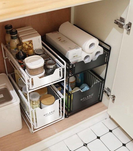 Keukenorganizer voor onder de gootsteen, draagvermogen op 2 niveaus, 12,5 kg, uittrekbare multifunctionele organizer voor kast, voor keuken, badkamer,34 * 21 * 41.7cm (twee lagen