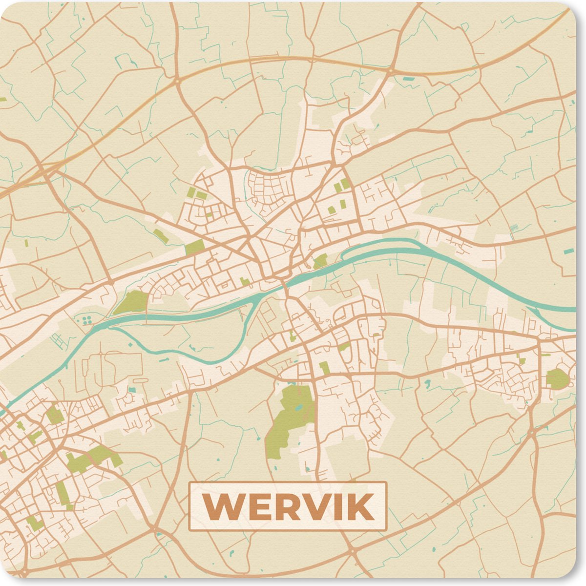 Muismat 20x20 cm - Mousepad Plattegrond - Retro - Kaart - Wervik - Stadskaart - Muismatten - Stadskaart