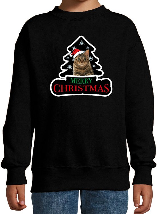 Dieren kersttrui poes zwart kinderen - Foute katten kerstsweater jongen/ meisjes - Kerst outfit dieren liefhebber 110/116