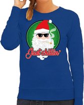 Foute Kersttrui / sweater - Just chillin - blauw voor dames - kerstkleding / kerst outfit S