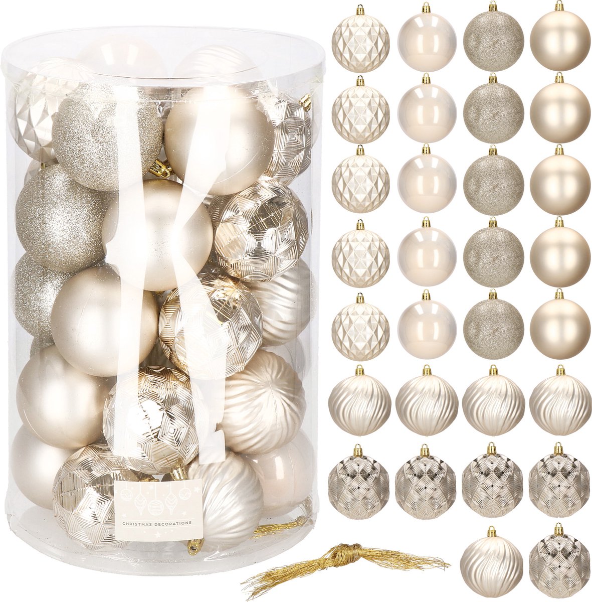 Springos Kerstballen | Kerstversiering | Onbreekbaar | 30 Stuks | 8 cm | Beige/Goud Tinten – foto 5
