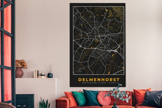 Peinture sur toile Delmenhorst - Or - Plan de ville - Plan d'étage - Carte - Allemagne - 120x180 cm - Décoration murale XXL