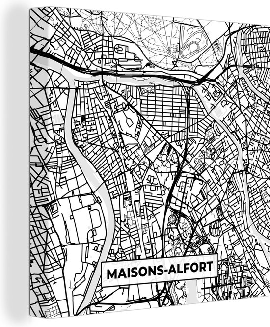 Canvas Schilderij Stadskaart - Frankrijk - Maisons-Alfort - Kaart - Plattegrond - Zwart wit - 20x20 cm - Wanddecoratie