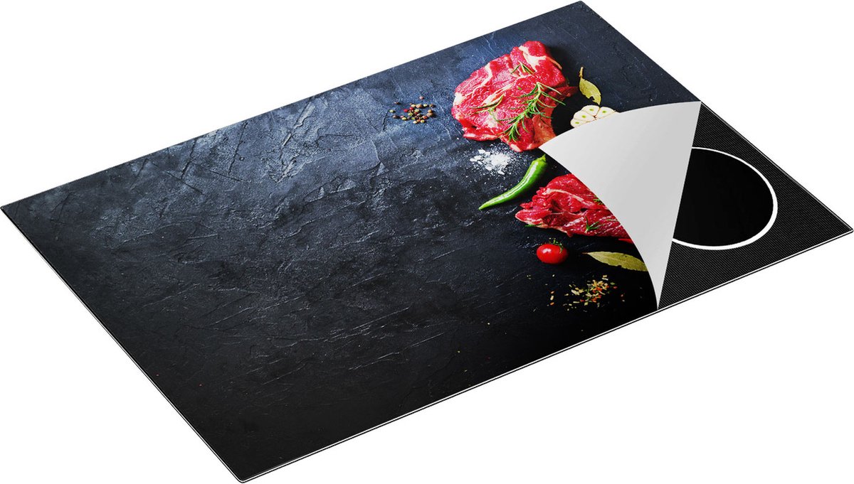 Chefcare Inductie Beschermer Rood Vlees met Groentes op een Marmeren Plaat - 80x55 cm - Afdekplaat Inductie - Kookplaat Beschermer - Inductie Mat