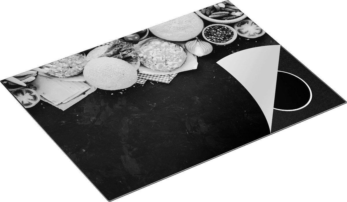 Chefcare Inductie Beschermer Hamburger Ingrediënten op een Marmeren Plaat - Zwart Wit - 70x55 cm - Afdekplaat Inductie - Kookplaat Beschermer - Inductie Mat