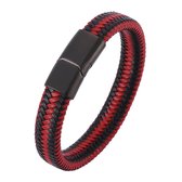 Malinsi Armband heren - Rood Zwart Effect - RVS Sluiting en Gevlochten Leer - Armbandje Mannen 21 cm - Vaderdag Cadeau