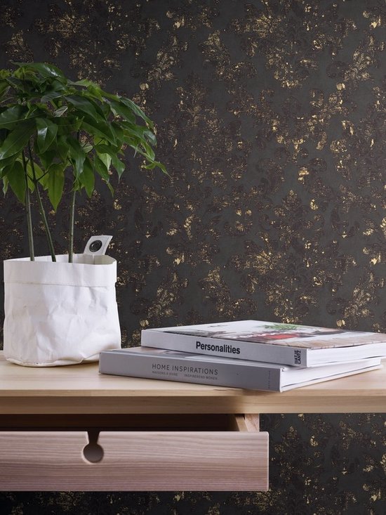 Papier peint baroque Profhome 374132-GU papier peint intissé légèrement texturé de style baroque or noir mat 5,33 m2